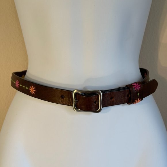Dockers Leather Belt 34” Brown with Pastel Floral Embroidery & Silvertone Buck - Picture 1 of 5
